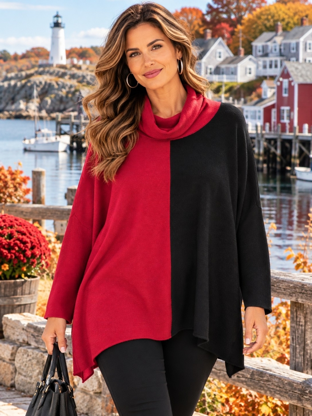 Cupio Women’s 2X Red Black Colorblock Cowl Neck Poncho Sweater NWT